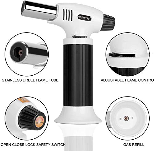 CORKAS Blow Torch, Professional Butane Torch Lighter with Safety Lock and Adjustable Flame for Desserts, Creme Brulee, BBQ and Baking Black&White(Gas Not Included)