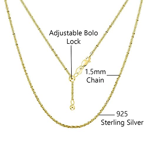 Savlano 925 Sterling Silver Solid 1.5Mm Sparkle Crisscross Roc Adjustable Bolo 14-24 Inch Chain Necklace For Women & Girls - Made In Italy Comes With A Gift Box (Yellow) #TOP2