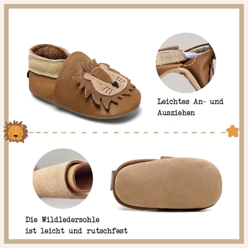 IceUnicorn Krabbelschuhe Baby Lauflernschuhe Jungen Weiche Leder Babyschuhe Kleinkind Lederschuhe mädchen Babyhausschuhe(Gelbbrauner Löwe,12-18)