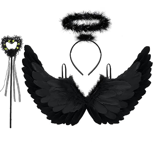 Newthinking Angel Wings and Halo Black Halloween Feather Wings