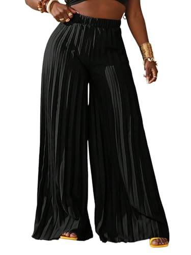 QJQ Women's Elegant Flowy Palazzo Wide Leg Pants Elastic High