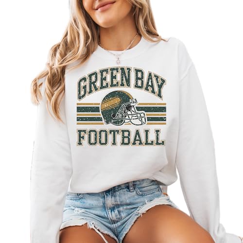 DAYLEA Distressed Green Bay Football Sweatshirt Retro Collegiate Style Game Day Pullover for Women
