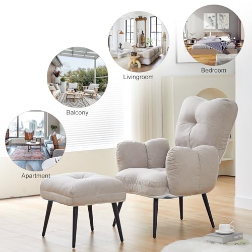 CLIPOP Ohrensessel Leinen mit Hocker, Relaxsessel mit Liegefunktion, Sessel & Ottomane, Polsterstuhl & Kissen, Fernsehsessel, TV-Sessel für Schlafzimmer, Wohnzimmer (Beige) – Bild 6