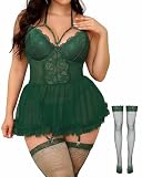 Plus Size Lingerie For Curvy Women Sexy Lace Babydoll Set with Stockings