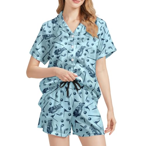 Image of Funny Pajamas for Women Set Print Satin Loungewear Pjs Short Sleeve Button Down Top and Shorts Sets Sleepwear XS-3XL