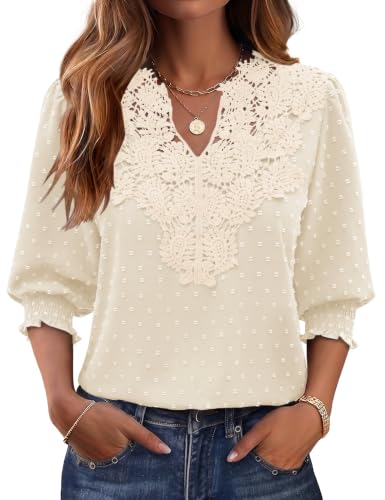 AKEWEI 3/4 Length Sleeve Plus Size Shirts for Women Lace V Neck Womens Summer Tops Cute Blouses for Women Dressy Casual Apricot 3XL