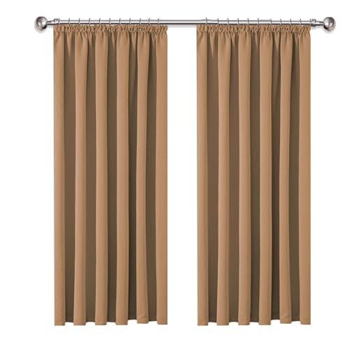 Image of AMEHA Blackout Curtains for Living Room - Pencil Pleat Beige Bedroom Curtains & Drapes 54 Inch Drop Thermal Insulated Super Soft Black Out Short Curtain Pair Panels with Tiebacks 46" x 54"