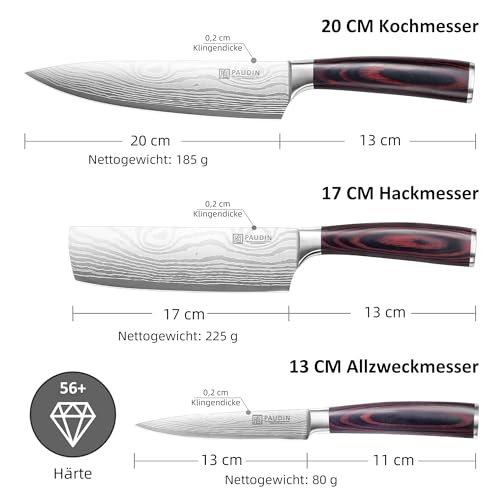 PAUDIN Messerset, Küchenmesser Set 3-tlg aus hochwertigem Carbon Edelstahl, Ultra Scharfes Messer...