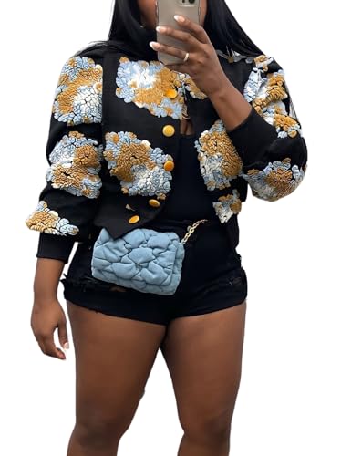 BQDCQB Womens Cropped Floral Print Jacket Warm Fleece Bomber Jacket
