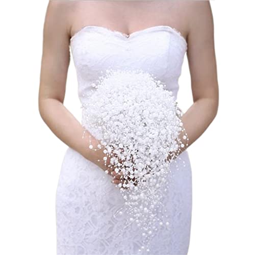 MILEVO Bouquet da Sposa Fatti a Mano, Fiori in Mano, Bouquet da Sposa Fiori pieni di Perle Bouquet Bianco Avorio