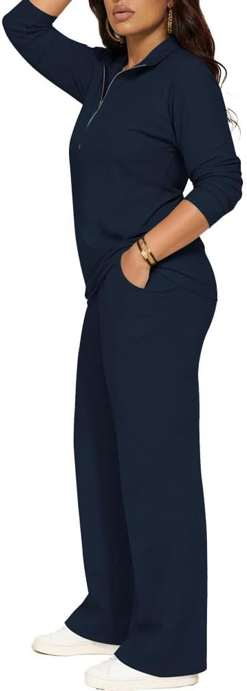 PINSV Women's 2 Piece Outfits Sweatsuit Lapel Half Zip Sweatshirts Wide Leg Pants Set Tracksuit - Image 4