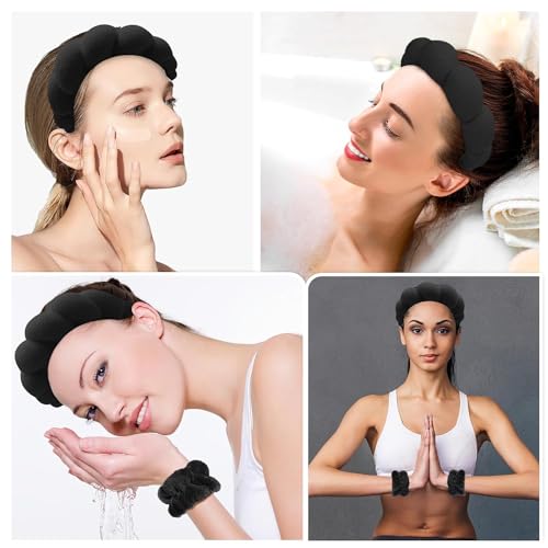 CORSULA Women 1Pcs Facial Spa Headband 2Pcs Wristband Combo Set, Black Makeup Headband And Wrist Washband Set For Face Washing, Skincare, Shower, Makeup Removal