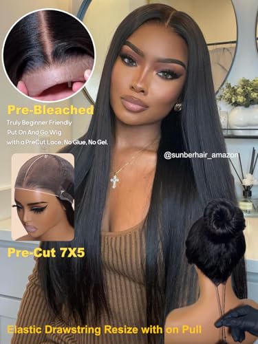 Image of Sunber Yaki Straight Human Hair Wig with Drawstring Bye Bye Knots Pre Cut 7x5 Lace Front Glueless Yaki Wig 180% Density Upgrade 3D Cap Put On Go Pre Plucked with Baby Hair Pre Bleached Knots 16Inch