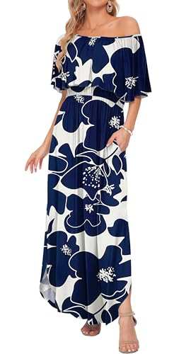 Image of AUSELILY Womens Off Shoulder Ruffle Split Summer Maxi Dresses with Pockets | Off-shoulder Ruffle dress with empire waist & side split for summer beach and casual parties