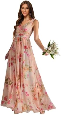 V Neck Chiffon Bridesmaid Dresses for Women A Line Pleated Formal...