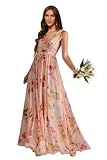 WWOM Flowy Floral Coral Bridesmaid Dress for Beach Wedding A Line Pleats Formal Gowns for Women Floral Coral Size 14