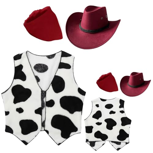 Hansber Kids Cowboy Cowgirl Outfits Open Front Waistcoat Tops Cow Print Vest with Bandana Hats for Halloween Party3