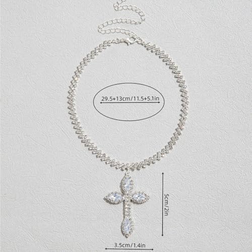 Silver cross Cuban Link Chain Necklace for Women ，hinestone cross pendant necklace and silver religious necklace2