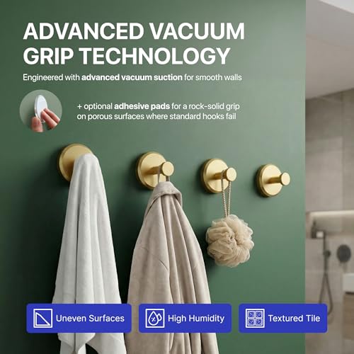 Image of HOME SO Suction Cup Hooks for Shower & Bathroom Towel Holder 4-Pack - Suction Cups Hooks for Hanging Towels, Robes, & Coats - Tiles, Glass Door or Mirror - Shower Hooks & Towel Hooks Organizer - Gold