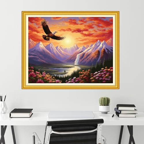 Image of Funchey Stamped Cross Stitch Kits, DIY Cross Stitch Pattern for Adults Beginners Needlepoint Kits Embroidery Kit Arts and Crafts 11CT-Mountain and River Owl 16x20 inch