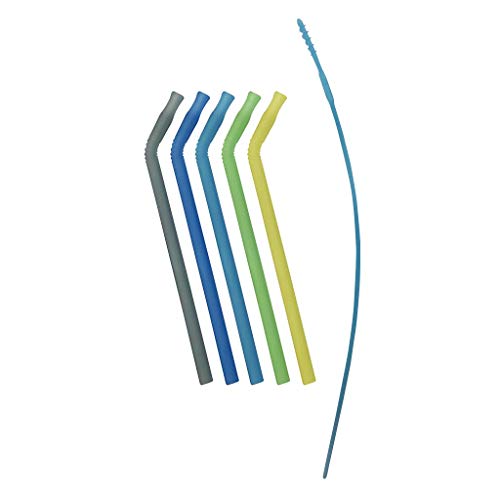 b.box Silicone Straw 5 Pack, Flexible Angled Reusable Drinking Straws with Cleaner Set, Dishwasher Safe, Kid Friendly, Semi-Translucent, Suitable for Warm or Cool Liquids