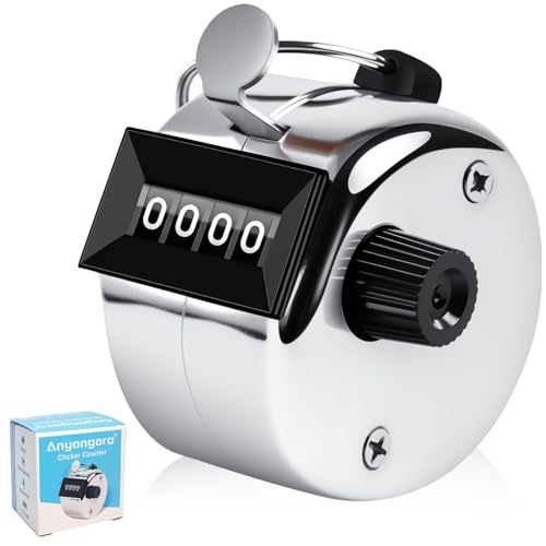 Image of Clicker Counter, Metal Hand Tally Counter Clicker with 4 Digit Display, Pitch Counter for Golf Stroke, Baseball, Coaching, Knitting, Lap, Row Sport, Silver