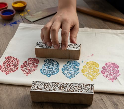 Image of RENIQ Wooden Printing Block for Fabric & DIY Craft | Handcrafted Indian Design Stamp for Textile, Pottery, Mehndi & Home Decor (Multicolor11)