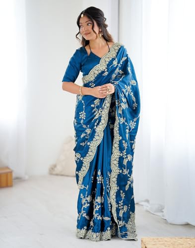 Image of SIRIL Women's Satin Embroidery And Scalloped Border Saree With Unstitched Blouse Piece