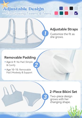 Image of Zando 2 Piece Ribbed Swimsuits for Teen Girls Kids Size 6-15 Years High Waisted Solid Cute Bikini for Summer Beach Wear