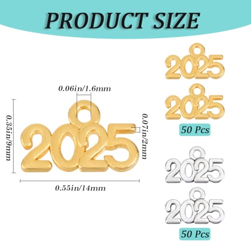 SOFPLATE 1 Box 100Pcs Gold Silver 2025 Charms Metal Alloy Years Number Alphabet Tassels Charm Bulk for Jewellery Making Accessories Graduation Caps New Year Bracelets Crafts Supplies - Image 2