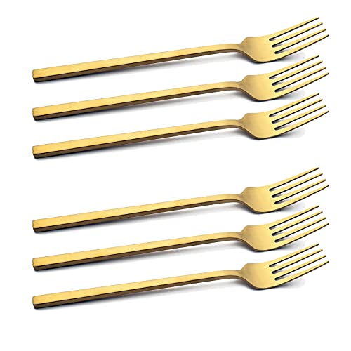 Snplowum 6pcs Square Handle & Classic Dinner Fork, 7.68 Inch Gold Stainless Steel For Home Restaurant, Matte Finish, Salad Dessert Fork For Daily Use
