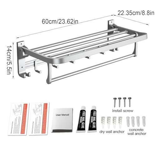 Image of Towel Holder in Bathroom Towel Hanger for Wall Bathroom Towel Rack with Towel Bar and Hooks 60cm Foldable Towel Rod Wall Mounted Lavatory Towel Stand Silver Finish