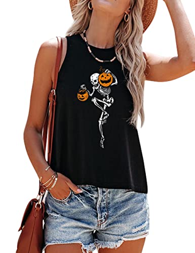 Mokoru Women's Funny Halloween Skeleton Pumpkin Skull Graphic Sleeveless Tank Top Shirts, Small, Skeleton Pumpkin Black #TOP15