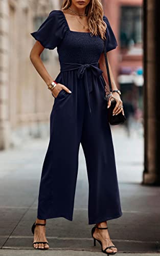 Angashion Women's Jumpsuits Square Neck Puff Short Sleeve Smocked Waist Wide Leg Outfit Rompers Playsuit With Belt Pocketsnavy Bluelarge #TOP2