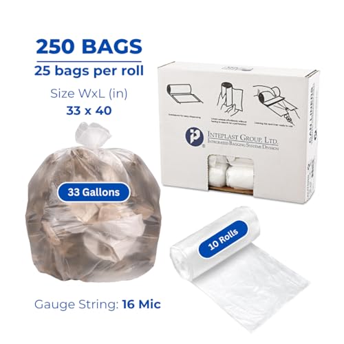 Image of Inteplast Trash Can Liners, Extra Heavy Duty Garbage Bags for Kitchen, Office, Healthcare Facility - Star-Sealed, 16 mic - Clear, 33 gal Capacity, 33 in x 40 in, 250 Count