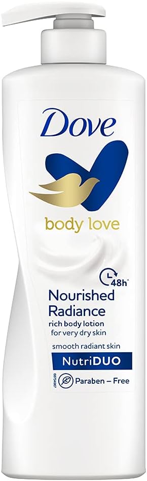 Dove Body Love Nourished Radiance Body Lotion For Very Dry Skin 48hrs Moisturisation Paraben Free with Plant Based moisturiser Soft Radiant Skin 400ml