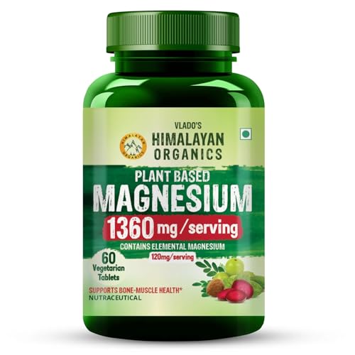 Vlado's Himalayan Organics Plant Based Magnesium Supplement 1360mg For Men And Women With Turmeric Spirulina, Wheatgrass, Moringa | Clinically Approven | Supports Bone Muscle & Bone Health | Boost Energy Level - 60 Veg Tablets