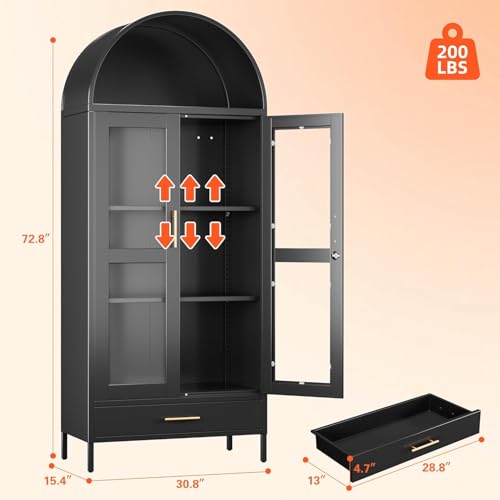 Image of 72.83 inch H Black Metal Arched Cabinet with 1 Drawer,Arched Cabinet with Glass Doors for Home Office Living Room, Assembly Required