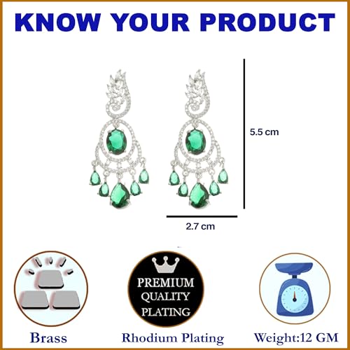 Image of ZENEME Rhodium-Plated American Diamond Studded Oval & Leaf Shaped Drop Earrings For Girls and Women