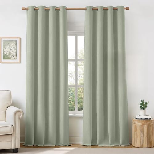 Image of HOMEIDEAS 100% Blackout Sage Green Linen Curtains 52W x 96L 2 Panels