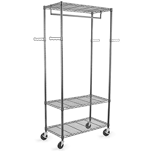 Image of WDT 3-Tier Metal Rack Heavy Duty Shelving with Wheels, Metal Stroage Rack with Shelves, Freestanding Shelf with Hanging Rod, Max Load 750LBS,35 inch Wx18 Dx74.4 H