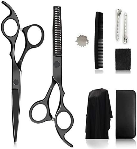 Hip Home Hair Cutting Scissors ，Professional 9 PCS Hairdressing Shears Black， Stainless Steel Thinning Shears Hair Cutting Scissors Kit with Cape for Home, Salon,Barber Scissors