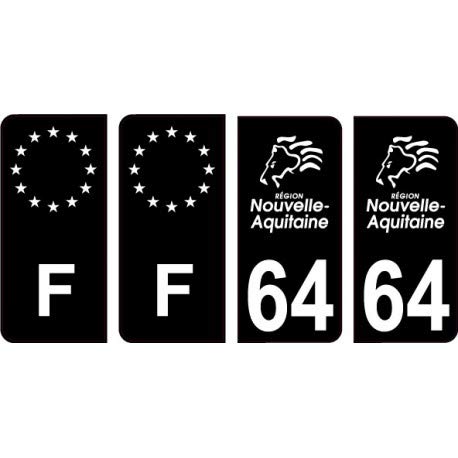 64 Pyrénées Atlantique logo noir autocollant plaque immatriculation auto sticker Lot de 4 Stickers - Angles : arrondis