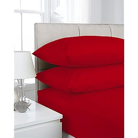 R&Z Extra Deep Polycotton Non Iron Fitted Sheet Easy Care 40cm (Red, Double) Cover