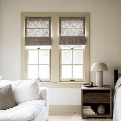 Image of TWOPAGES Liz No Drill Cordless Roman Shades Linen Textured Roman Blinds for Windows, Custom Made Room Darkening Blackout Roman Window Shades, Hardware Included, Rust Brown, 1 Piece