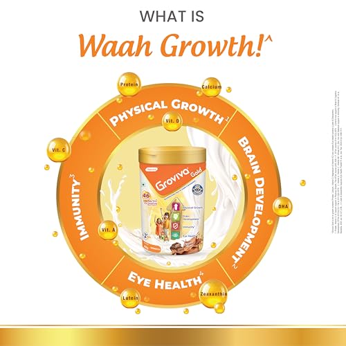 Image of Groviva Gold Milk Protein Powder for Kids | 2-6 Years | 400g Chocolate Jar| 46 Nutrients | Growth & Digestive Nutrients | Supports Physical Growth, Brain Development, Immunity & Eye Health