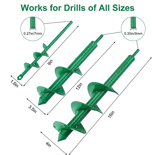 WADEO Auger Drill Bit Set, 3 PCS Spiral Hole Drill Planter, Bulb Auger for Cordless Drill, Dirt Auger With Garden Genie Gloves, 20pcs Plant Label and 2 Shovel
