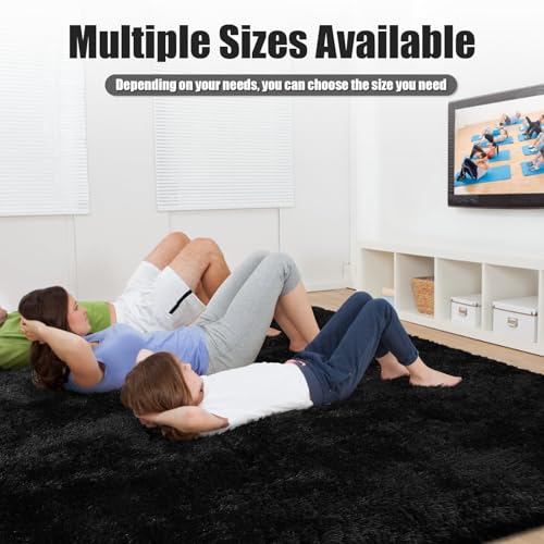 Ultra Soft Fluffy Area Rugs for Bedroom Living Room 10x14, Nursery Rug, Non-Slip Carpet for Kids Dorms Decor, Shaggy Bedside Rug, Black