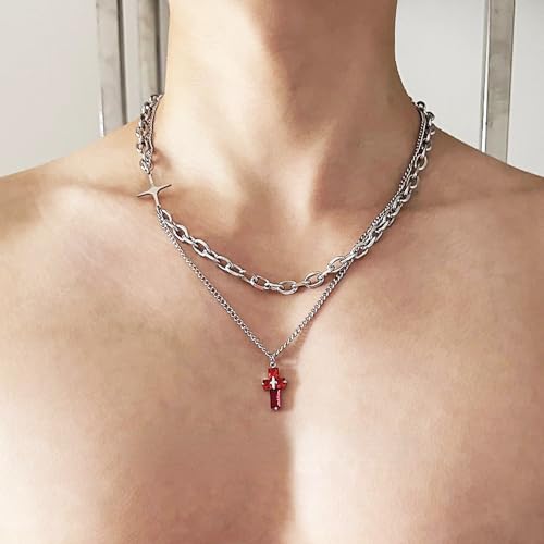 GulCean Goth Cross Necklace for Men Stainless Steel Trendy Y2K Layered Paper Clip Cross Cuba Chain Red Black Zircon Liquid Metal Cross Pendant Charm Choker Necklace for Women2