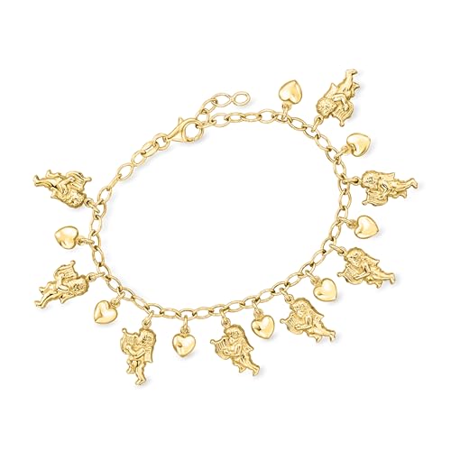 Ross-Simons Italian 18kt Gold Over Sterling Silver Cherub and Heart Charm Bracelet. 7 inches